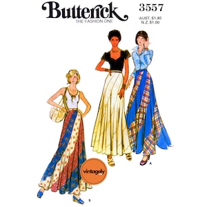 May include: A vintage sewing pattern for a wrap skirt. The pattern is from Butterick and is number 3557. The pattern shows three different styles of wrap skirts, all with a colourful patchwork design.
