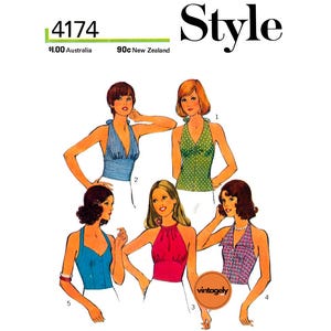 May include: Vintage sewing pattern for five halter tops. The pattern is numbered 4174 and includes instructions for making a striped halter top, a polka dot halter top, a solid red halter top, a plaid halter top, and a solid blue halter top.