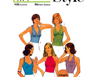 70s Set of Summery Halter Blouses with Variations, Various Sizes, Style 4174, Vintage Sewing Pattern Reproduction