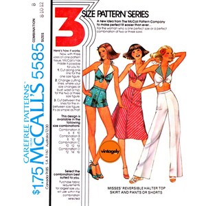 May include: Vintage McCall's pattern 5585 for a reversible halter top, skirt, pants, or shorts. The cover features illustrations of the garments in teal, red, and white. The pattern includes size combinations and instructions for cutting.