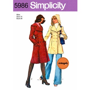 70s Women's Hooded, Double-Breasted Winter Coat in Two Lengths, Bust 36 (92 cm), Simplicity 5986, Vintage Sewing Pattern Reproduction