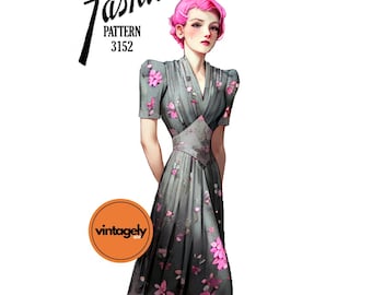 30s Dress with Shaped Midriff, Pleated Bodice and Skirt, Bust Size 32" (81 cm), Fashion 3152, Rare Vintage Sewing Pattern Reproduction