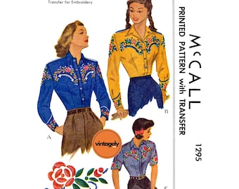 40s Women's Western Shirt with Embroidered Sleeve and Yoke, Bust 32 (81 cm) or 34 (87 cm), McCall 1295, Vintage Sewing Pattern Reproduction