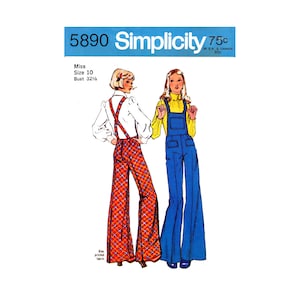 70s Rare Bell Bottom Overalls with Crossover Suspenders, Size 8, 10 or 12, Simplicity 5890 Vintage Sewing Pattern Reproduction