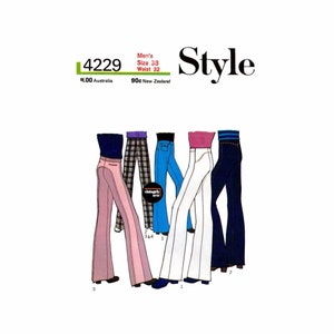 May include: Four pairs of wide-legged pants in different colors and patterns. The pants are all flared and have a high waist. The pants are labeled with numbers 1, 2, and 3. The text "Men's Size 38 Waist 32" is visible in the top right corner of the image.