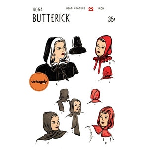 May include: Vintage sewing pattern for a hooded scarf. The pattern is from Butterick and is number 4054. The pattern includes four different styles of hooded scarves, including a black hooded scarf, a red hooded scarf, and two grey hooded scarves.