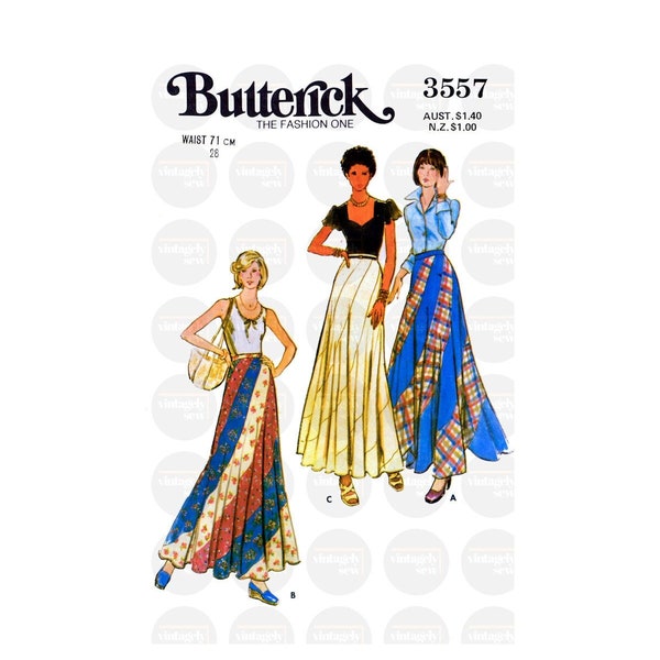 70s Fitted and Flared Bias Swirl Skirt, Waist 28" (71 cm) Butterick 3557, Vintage Sewing Pattern Reproduction