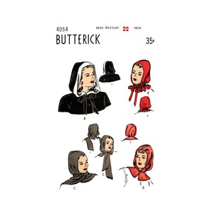 40s Hoods in 4 Styles: Drawstring, Shoulder Cape, Rain Wear and Scarf, Size 22" (56 cm) Butterick 4054, Vintage Sewing Pattern Reproduction