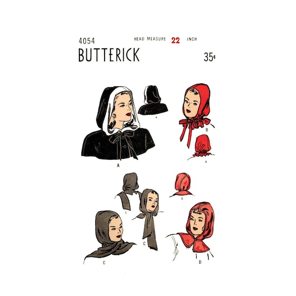40s Hoods in 4 Styles: Drawstring, Shoulder Cape, Rain Wear and Scarf, Size 22" (56 cm) Butterick 4054, Vintage Sewing Pattern Reproduction