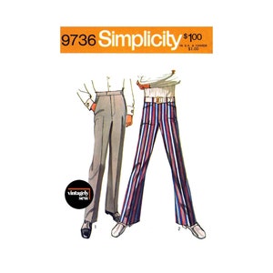 70s Men's Jean-Cut Bell-Bottom or Straight Leg Tailored Pants Waist 30" (76 cm) or 32" (80 cm), Simplicity 9736 Sewing Pattern Reproduction