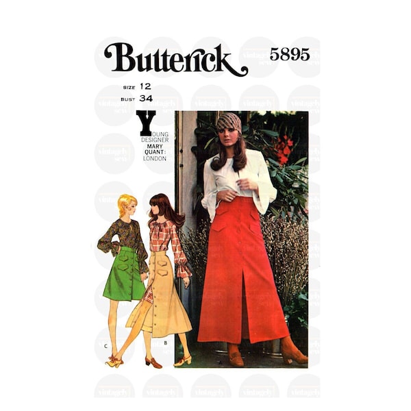 60s Utility Style A-line Skirt in Three Lengths, Blouse or Dress, Waist 25.5" (64.5 cm), Butterick 5895, Vintage Sewing Pattern Reproduction