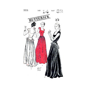 30s Evening Dance Dress with Basque Bodice and Peplum, Bust 32&quot; (81.5 cm), Butterick 3836, Rare Vintage Sewing Pattern Reproduction