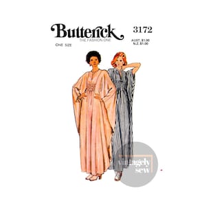 May include: A vintage sewing pattern for a long, flowing dress with a V-neckline and long sleeves. The pattern is for one size and is from Butterick, The Fashion One. The pattern number is 3172.