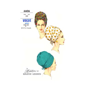 May include: A vintage Vogue sewing pattern for three different head wraps. The pattern is by Halston of Bergdorf Goodman. The pattern is for head size 22 and costs $1.00.