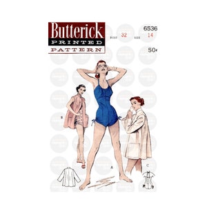May include: A vintage sewing pattern for a swimsuit, a jacket, and a blouse. The pattern is from Butterick and is number 6536. The bust size is 32 and the size is 14. The price is 50 pence.