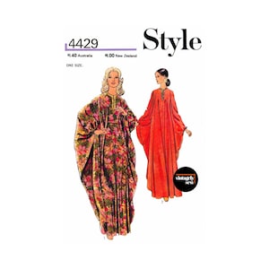 May include: Vintage sewing pattern for a long, flowing maxi dress with long sleeves. The pattern shows two versions of the dress, one with a floral print and the other in a solid red colour. The pattern number is 4429 and the price is £1.40 in Australia and £1.00 in New Zealand.