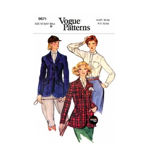 May include: A vintage Vogue sewing pattern for a women's jacket. The pattern is for size 12, with a bust measurement of 87 cm. The pattern shows three different styles of jackets, one in blue, one in red and black plaid, and one in white.