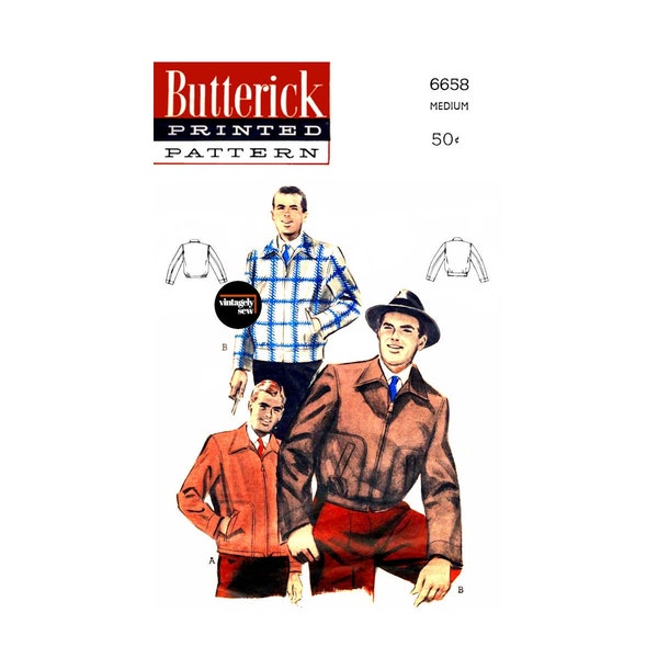 50s Men's Classic Bomber Jacket, Chest 38-40 (97-102 cm), Butterick 6658, Vintage Sewing Pattern Reproduction