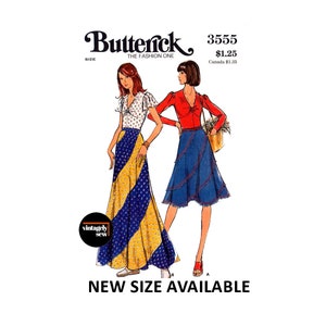 May include: Vintage sewing pattern for two skirts, one with a yellow and blue striped pattern and the other a blue denim skirt. The pattern is from Butterick, the Fashion One, and is number 3555. The price is $1.25.