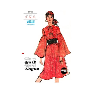 70s Boho Dress with Jewel Neck, Tie Front Opening and Long Flared Sleeves, Bust 34&quot; (87 cm) Vogue 8003, Vintage Sewing Pattern Reproduction