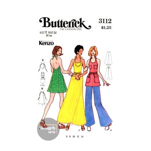 May include: A vintage sewing pattern for three dresses, featuring a green, yellow, and red gingham design. The pattern is by Butterick, size 12, bust 34 inches, and designed by Kenzo.