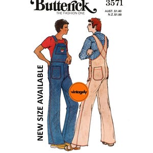 70s Men's Bib Overalls or Dungarees with Transfer, Chest 36 (92 cm) or 40 (102 cm), Butterick 3571, Vintage Sewing Pattern Reproduction