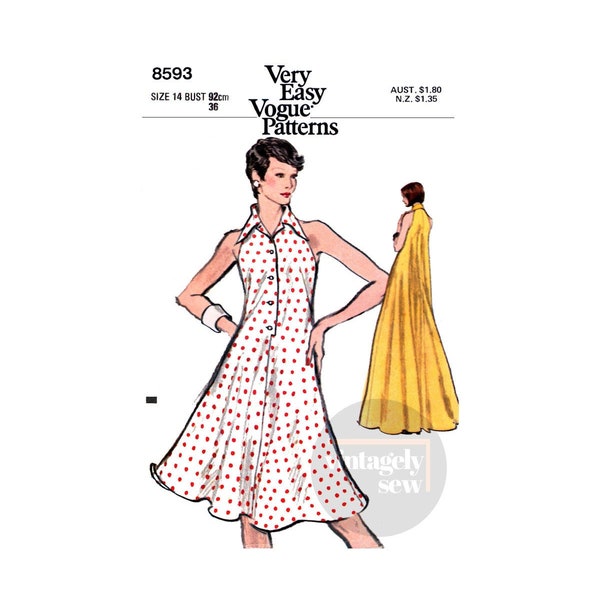 70s Tent Shaped Dress in Two Lengths, Bust 36" (92 cm), Vogue 8593, Vintage Sewing Pattern Reproduction