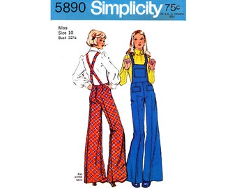 70s Rare Bell Bottom Overalls with Crossover Suspenders, Size 8, 10 or 12, Simplicity 5890 Vintage Sewing Pattern Reproduction