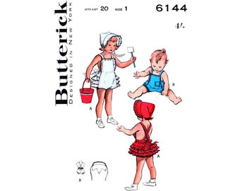 50s Toddlers' Ruffled Playsuit with Bonnet, Size 1 Breast 20, Butterick 6144, Vintage Sewing Pattern Reproduction