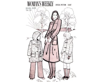 60s Mother and Child Hooded Duffle Coats, Woman's Weekly B647, Sizes 14-16 Adult, 6-8yrs Child, Vintage Sewing Pattern Reproduction