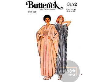 70s Gathered Front Inset, Batwing Caftan, Sizes for Short, Medium, Tall Included, Butterick 3172 Vintage Sewing Pattern Reproduction