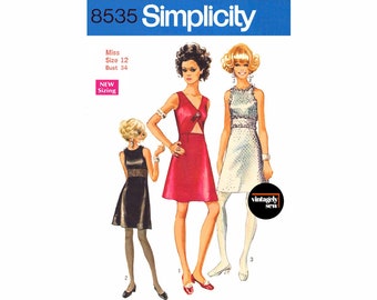 70s Sleeveless, Empire Waist Dress with Midriff Cutout or Sheer Panel, Bust 34" (87 cm) Simplicity 8535, Vintage Sewing Pattern Reproduction