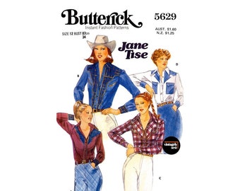 70s Women's Western Fitted Shirt with Yoke Variations, Bust 34 (87 cm), Butterick 5629, Vintage Sewing Pattern Reproduction