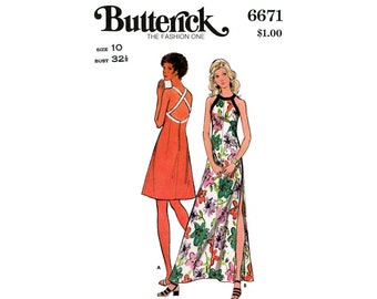 May include: A vintage sewing pattern for two dresses. The pattern is for a short, sleeveless dress with a criss-cross back and a long, sleeveless dress with a floral print and a side slit. The pattern is from Butterick, size 10, bust 32 1/2 inches, and costs $1.00.