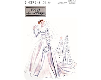 50s Rare Bridal or Bridesmaid's Dress in Two Lengths and Cap, Bust 32", Hip 35" Vogue S-4273, Vintage Sewing Pattern Reproduction