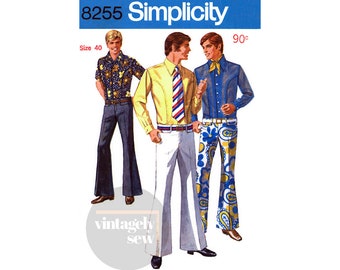 May include: Simplicity sewing pattern 8255, size 40, priced at 90 cents. The illustration features three outfits: a floral shirt with flared trousers, a yellow shirt with a striped tie and white flared trousers, and a blue shirt with paisley trousers.