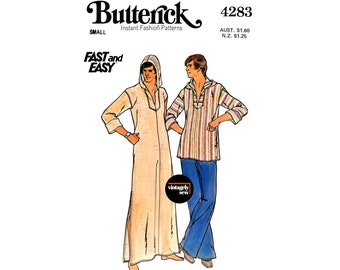 70s Men's Hooded A-Line Caftan or Top, Chest 34-36, Butterick 4283, Vintage Sewing Pattern Reproduction