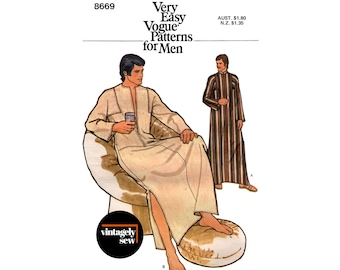 70s Men's Round Neck or Mandarin Collar, Front Zipper Caftan, Various Sizes, Vogue 8669 Vintage Sewing Pattern Reproduction