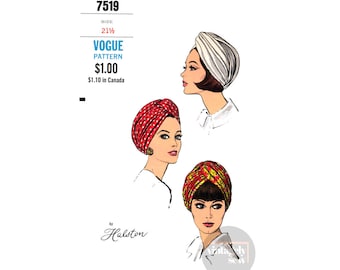 60s Tucked and Draped Turban Hat by Halston, Head Size 21.5 (54.6 cm), Vogue 7519, Vintage Sewing Pattern Reproduction