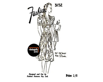 30s Dress with Shaped Midriff, Pleated Bodice and Skirt, Bust Size 32" (81 cm), Fashion 3152, Rare Vintage Sewing Pattern Reproduction