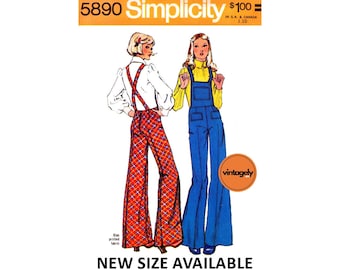70s Rare Bell Bottom Overalls with Crossover Suspenders, Various Sizes, Simplicity 5890 Vintage Sewing Pattern Reproduction