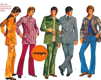 May include: A Simplicity 5273 sewing pattern envelope featuring illustrations of five outfits with jackets and trousers. Text includes Size 38, Chest 97cm, Waist 81cm, Men, and 5273 Simplicity. The outfits display various colors including yellow, pink, green, gray, and plaid patterns.