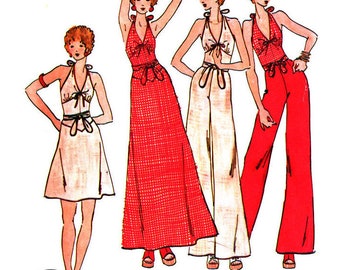 70s V-Neck Halter Top, Flared Pants and Maxi Skirt, Bust 33.5" (85 cm) B3512, Vintage Sewing Pattern Reproduction