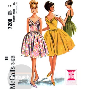 60s V-Neckline, Fit and Flare Party Dress, Bust 34&quot; (87 cm), McCall&#39;s 7208, Vintage Sewing Pattern Reproduction