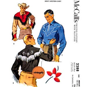 May include: A vintage McCall's sewing pattern for a men's western shirt. The pattern is printed with a transfer and includes instructions for sizes 15-15 1/2. The pattern is for a medium size shirt.