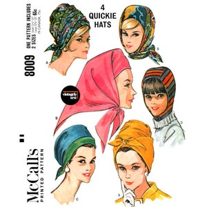 60s Kerchief, Hood, Turban, Tie-Back/Front/Under Chin Hats, Size Small and Large, McCall's 8009, Vintage Sewing Pattern Reproduction