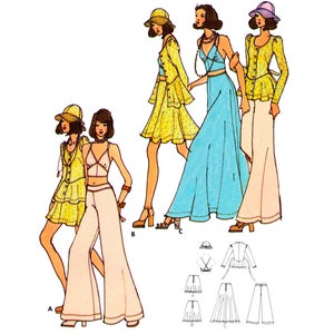 Op de afbeelding: Een naaipatroon voor een driedelige outfit. De outfit bestaat uit een top, een rok en een broek. De top is een haltertop met een kantversiering. De rok is een zwierige maxi-rok. De broek is een wijde broek. Het patroon is voor maten 8-16.