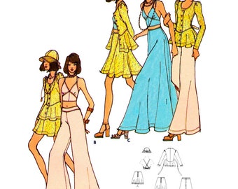 70s Halter Top, Skirt in Two Lengths, Flared Pants, Peplum Jacket and Hat, Bust 31.5" (80 cm) B6977, Vintage Sewing Pattern Reproduction