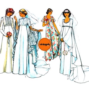 May include: Illustration of four vintage wedding dress designs. The dresses are in white, with long sleeves, and flowing skirts. One dress has a floral pattern. The image includes the text "Style 2482" and "vintagely". Bust size is 97cm.