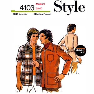 May include: Vintage sewing pattern for a men's jacket and shirt. The pattern is for size medium, 38-40. The jacket is brown with a zipper closure and a large pocket on the front. The shirt is plaid with a short sleeve. The pattern is from the 1970s.